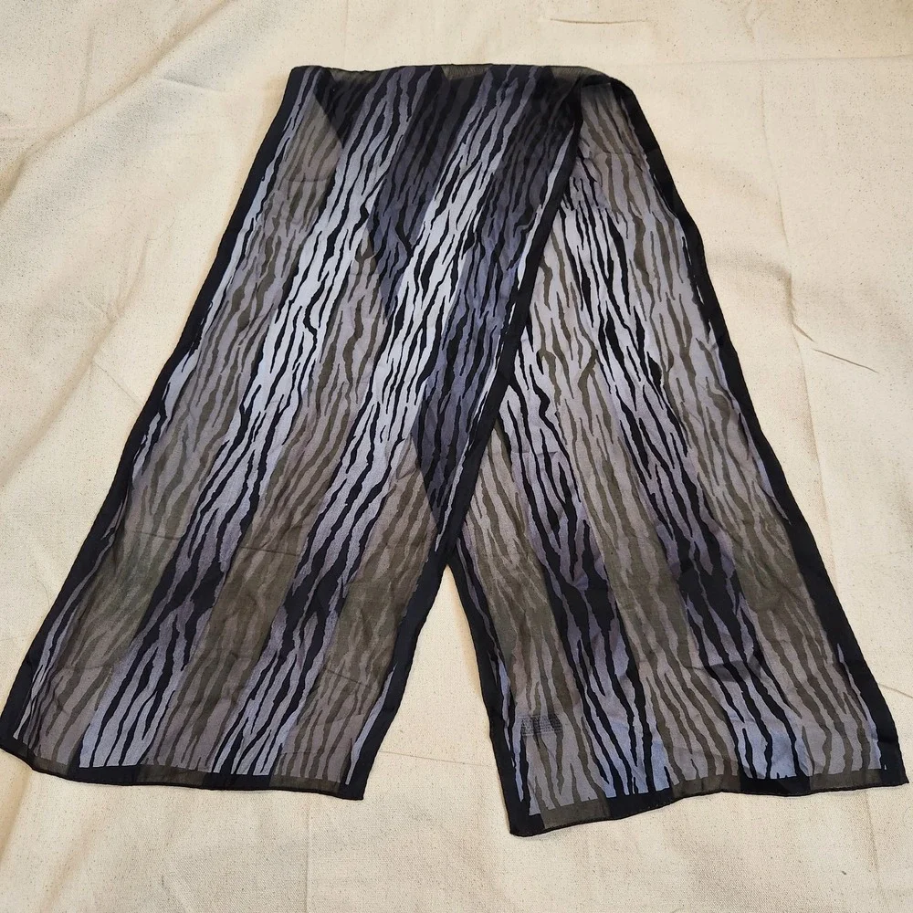 Vtg Elaine Gold Collection XIIX Ltd Silk Scarf Sheer Zebra Stripe Black Brown
